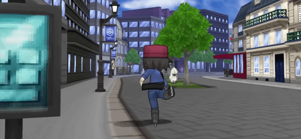 A screenshot from Pokemon X where the player character is skating around Lumiose City.
