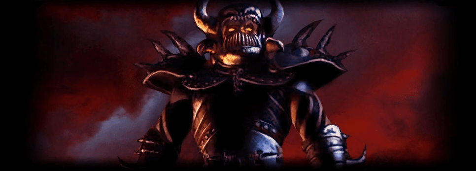 The villain of Baldur's gate, Saverok, stands imposingly, clad in balck armour against a red sky