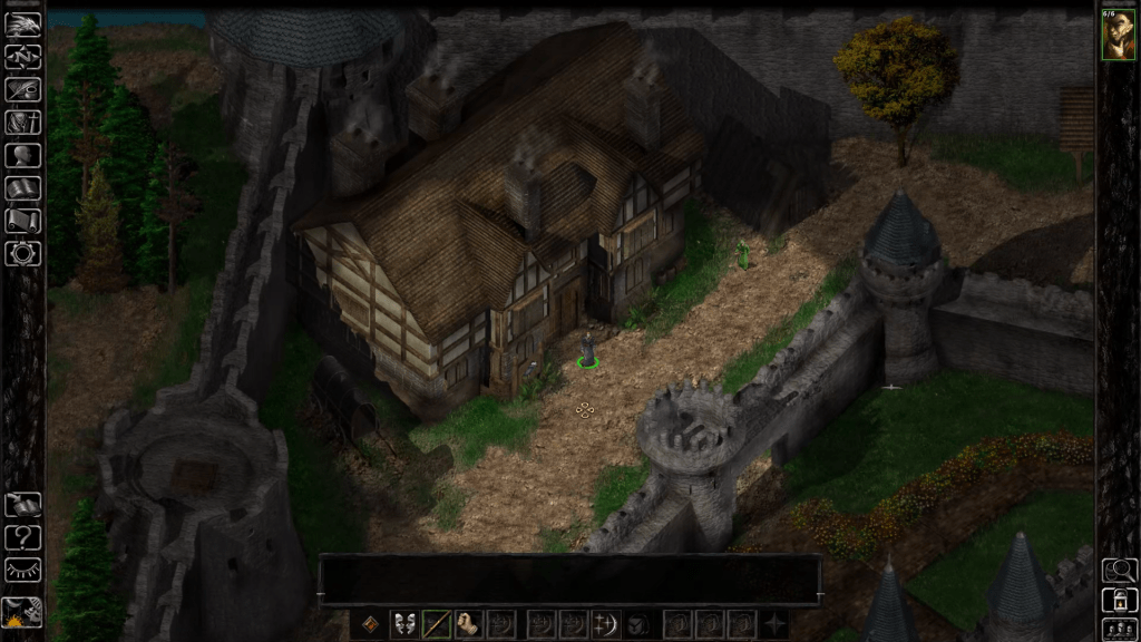 The first scene in Baldur's Gate, the player character stands outside the tavern of Candlekeep 