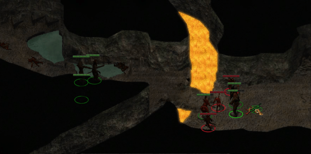 A screenshot from Baldur's Gate. The party fight Kobolds in the Naskel Mines