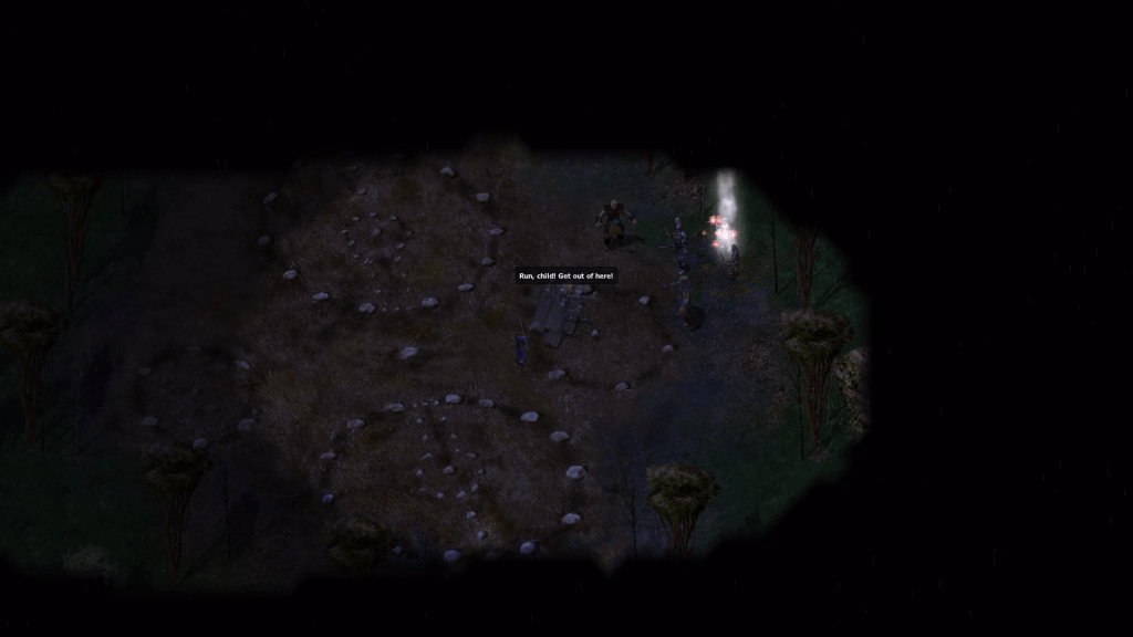 A screenshot from Baldur's Gate. The player character's foster father Gorion fights off a mysterious foe so that the PC can escape 