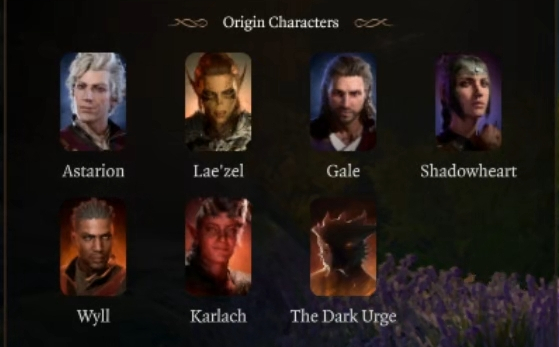Portraits if each of the Origin Characters: Astarion, Lae'zel, Gale, Shadowheart, Wyll, Karlack and The Dark Urge
